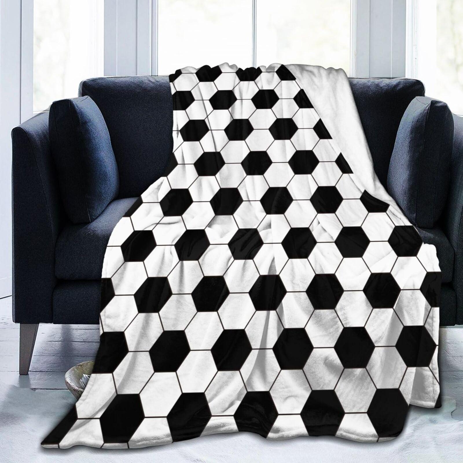 Black White Soccer Sport Ball Theme Throw Blanket Soft Bed Bedding Warm Cozy Plush Flannel Fleece Blankets Gifts For Kids Boys T